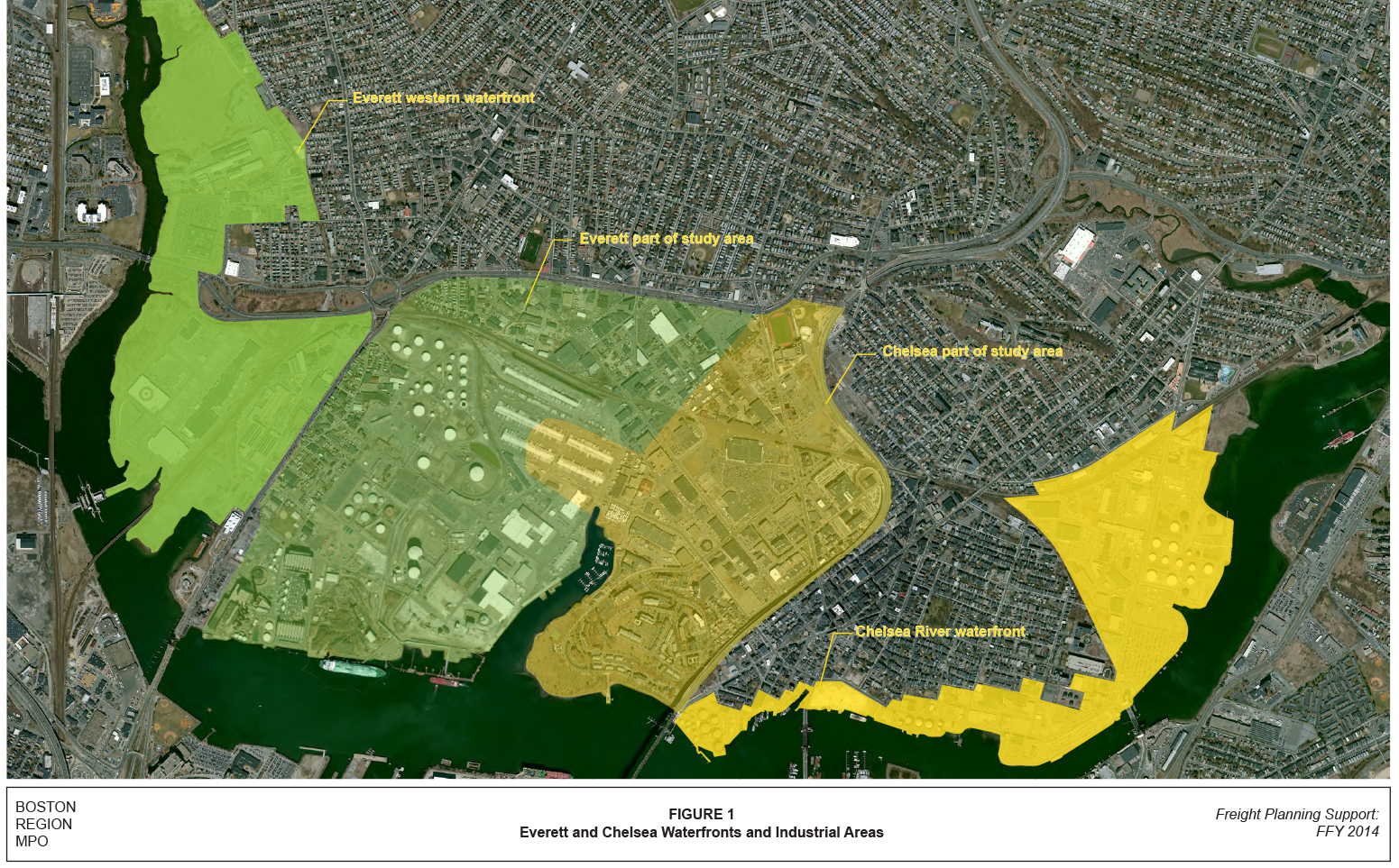 FIGURE 1. Everett and Chelsea Waterfronts and Industrial Areas
This map shows the Everett and Chelsea waterfronts and nearby industrial areas, Everett in green and Chelsea in yellow. Parts of the these areas are shaded more lightly, and these parts make up the Study Area.
